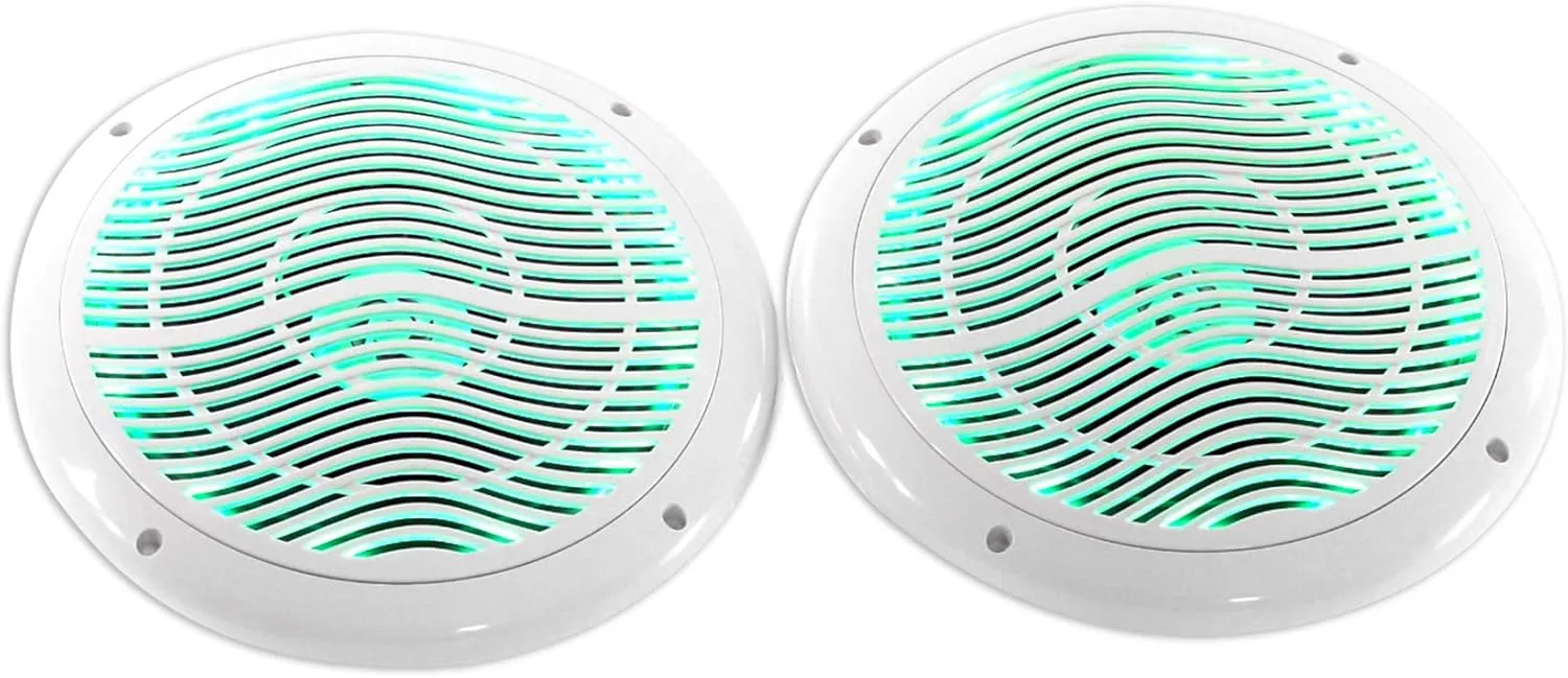 Rockville RMC65LW 600w Peak / 75w RMS 2-Way White Marine Speakers (2), Multi-Color LED, Waterproof, Remote Control for Boats and Outdoor Audio