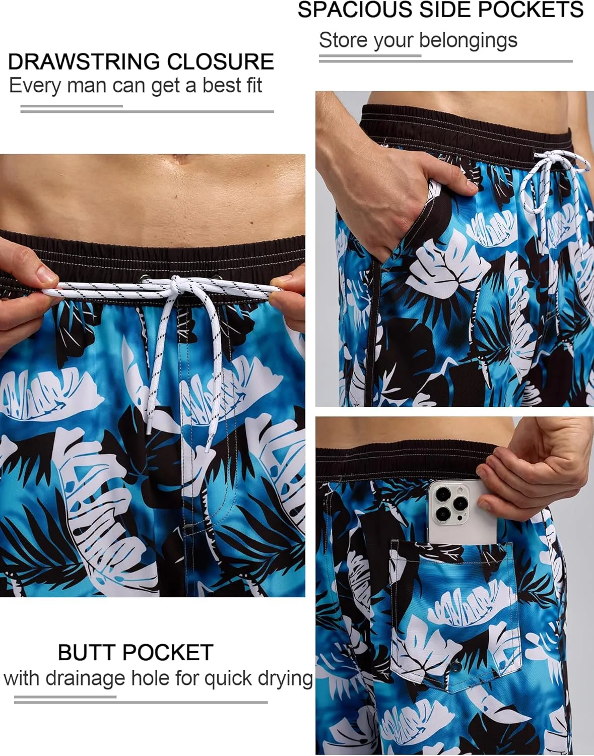 SILKWORLD Quick Dry Mens Swim Trunks with Compression Liner 7" Mens Bathing Suits with Zip Pockets