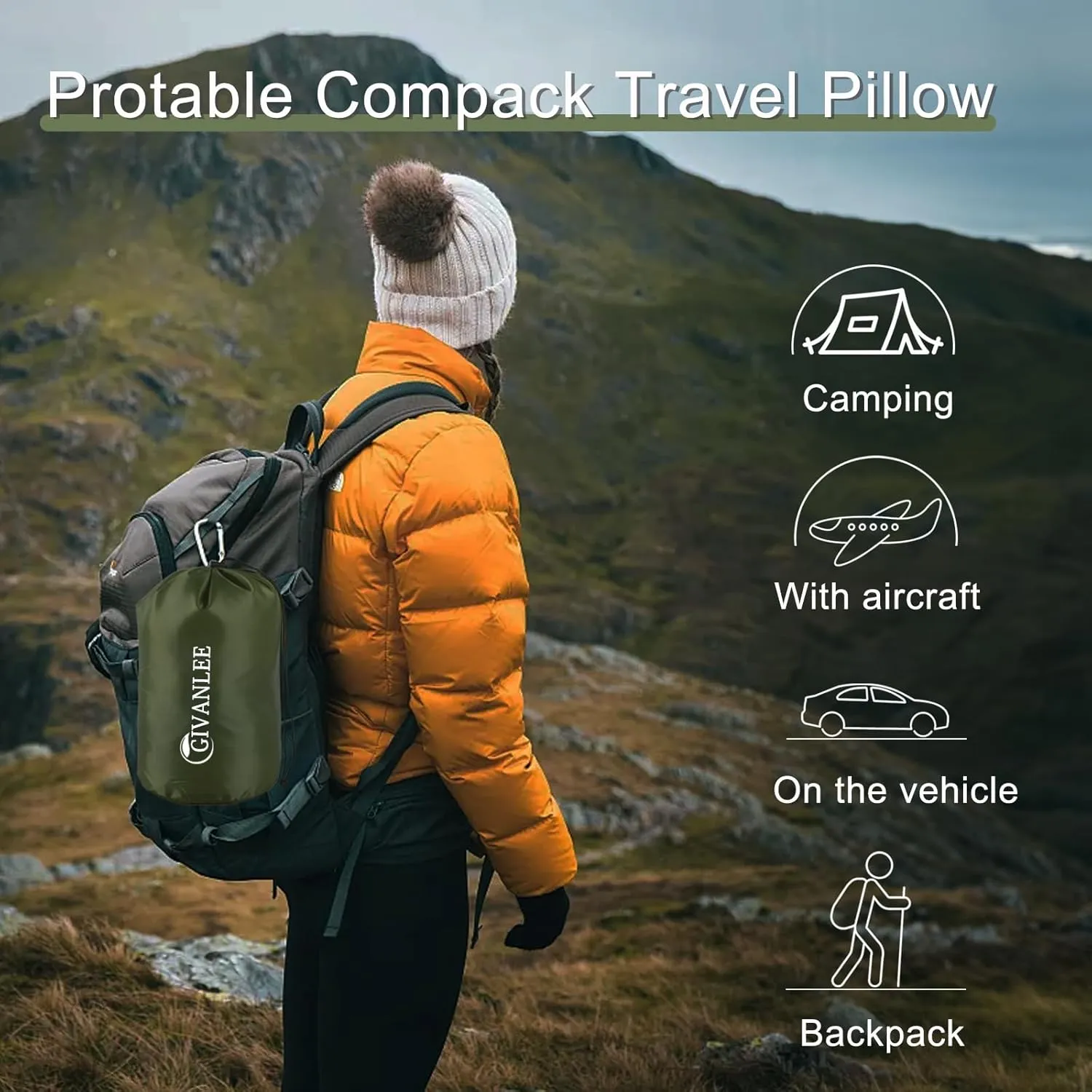 Small Camping Pillow for Sleeping,Filled with Shredded Memory Foam,Travel Pillow Compact & Packable with Storage Bag,Soft Cover,Portable Small Pillow for Camp Gear & Accessories