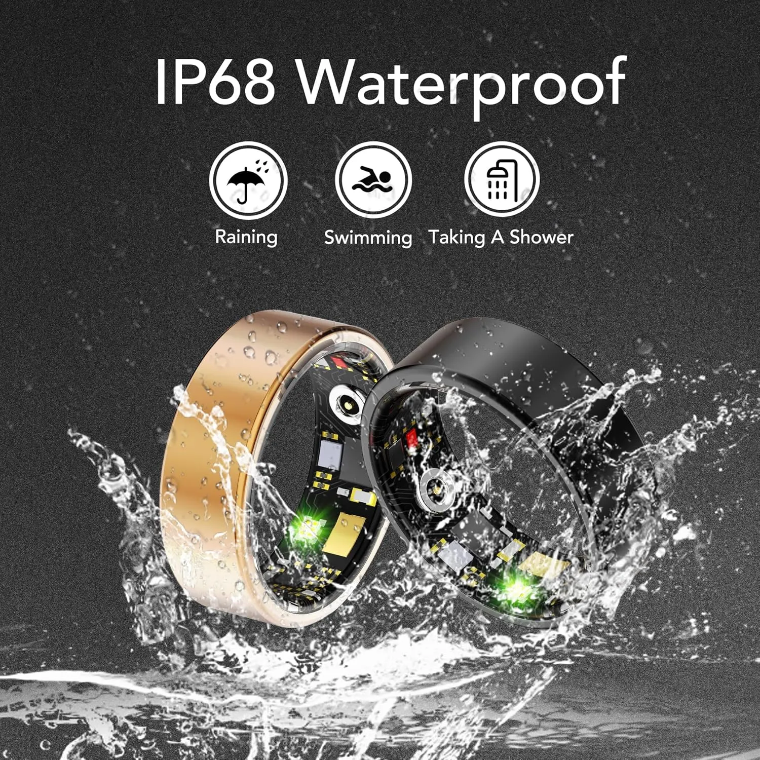 Smart Health Ring for Women Men Fitness Tracker with Heart Rate, Blood Oxygen, Blood Pressure, Sleep Monitoring, Step Counting, IP68 Waterproof for iPhone and Android, No Subscription Fee, Gold 10
