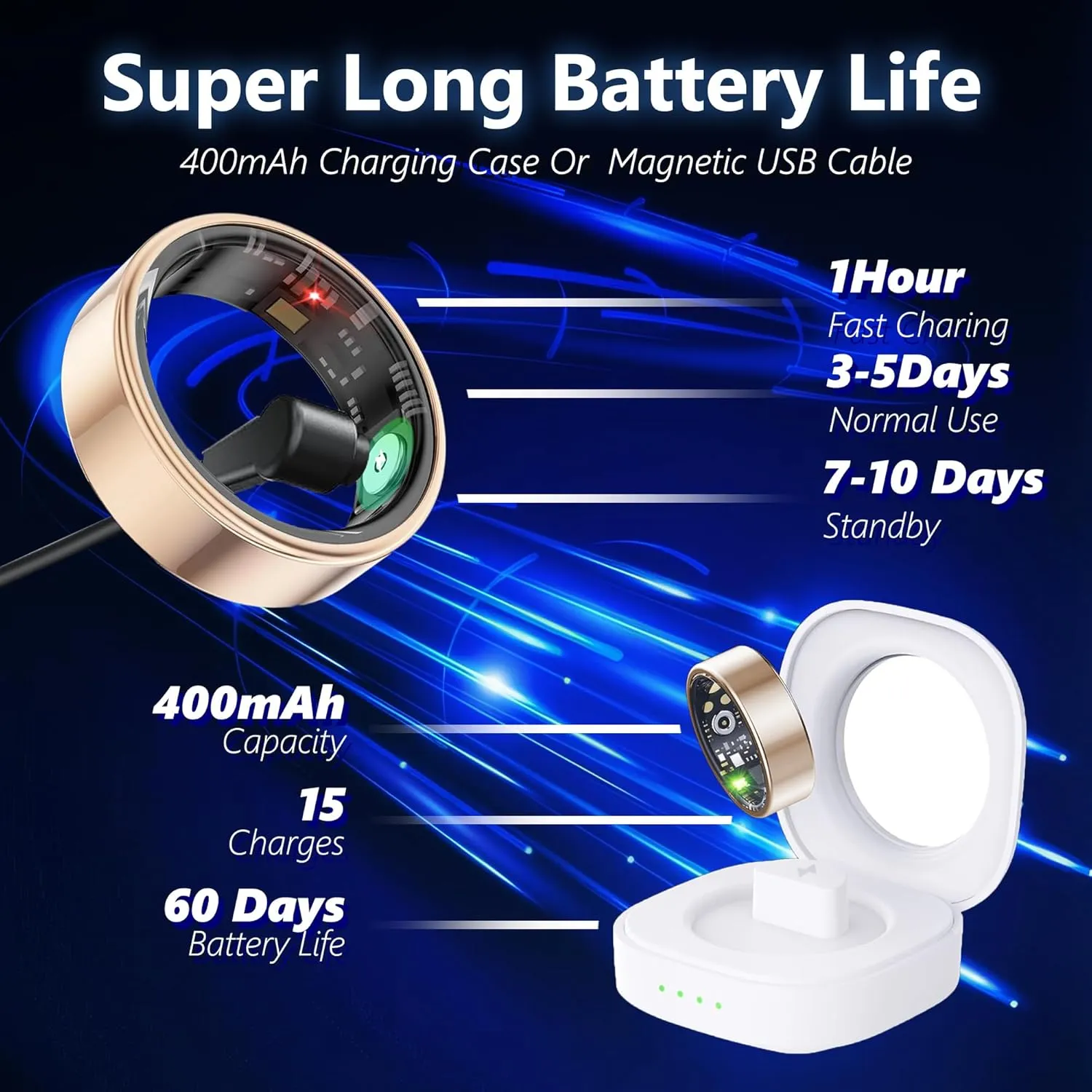 Smart Health Ring for Women Men Fitness Tracker with Heart Rate, Blood Oxygen, Blood Pressure, Sleep Monitoring, Step Counting, IP68 Waterproof for iPhone and Android, No Subscription Fee, Gold 10