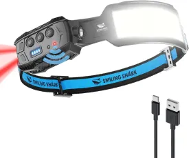 Smiling Shark Headlamp, Head Lamp Led Rechargeable 6 Modes 7*White Lights 270 Lighting Width Motion Sensor Red Tail Light for Camping Fishing Running Repairation, LED-Headlamp-Rechargeable-Light