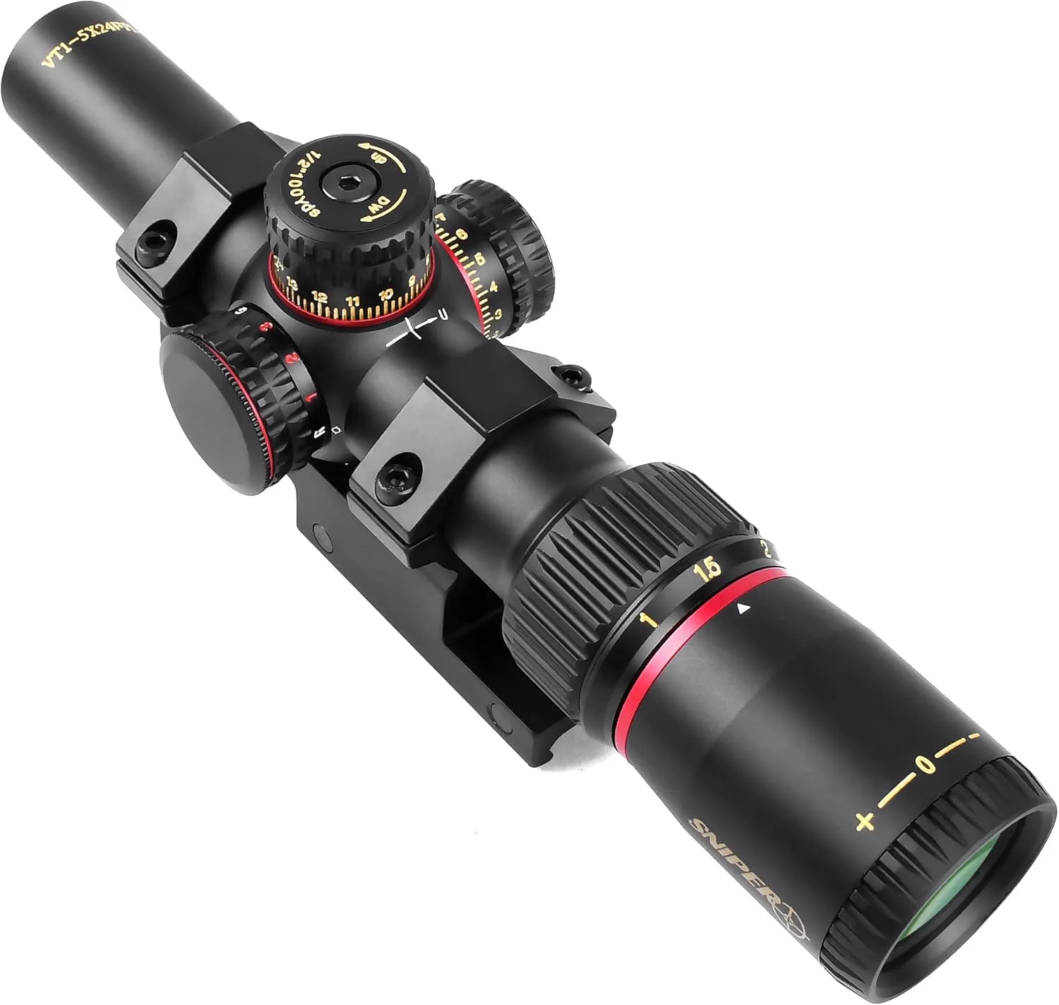 Sniper VT 1-5X24 FFP First Focal Plane LPVO Rifle Scope with Red/Green Illuminated Reticle and Scope Mount