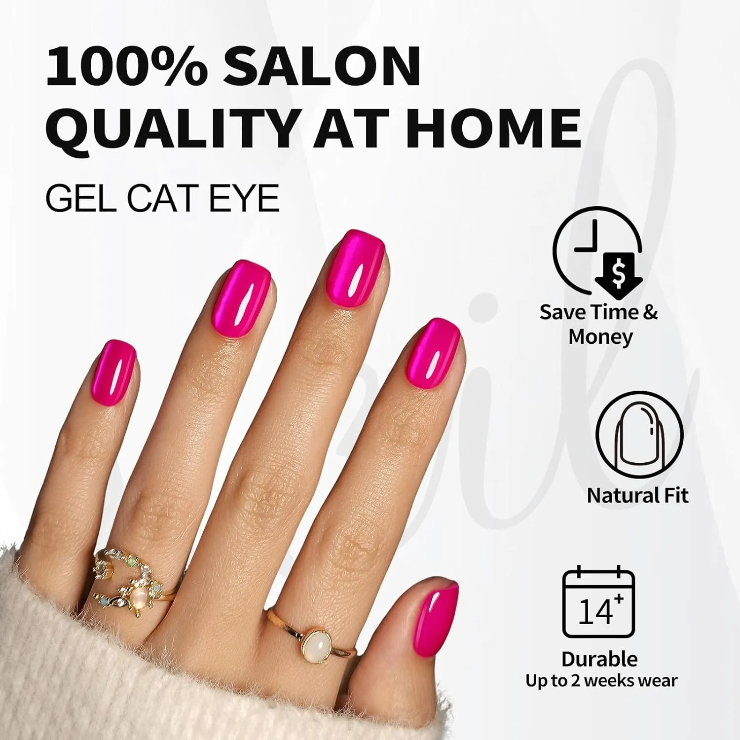 Soft Gel Hot Pink Press on Nails Short - Cat Eye Press on Nails Square for Women Gift, Natural Fit & Glossy Stick on Nails with Glue in 16 Sizes - 32 Reusable Fake Nails, Hot Pink