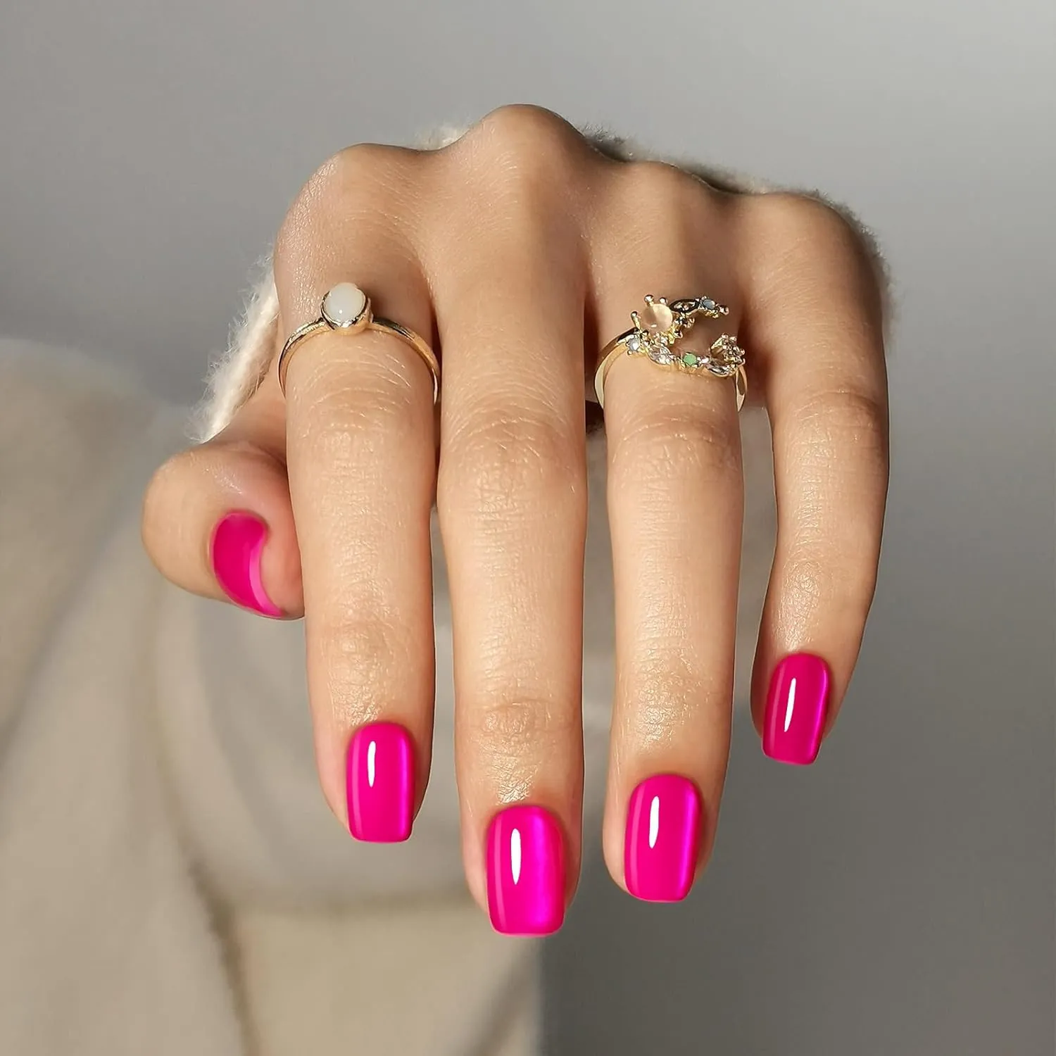 Soft Gel Hot Pink Press on Nails Short - Cat Eye Press on Nails Square for Women Gift, Natural Fit & Glossy Stick on Nails with Glue in 16 Sizes - 32 Reusable Fake Nails, Hot Pink