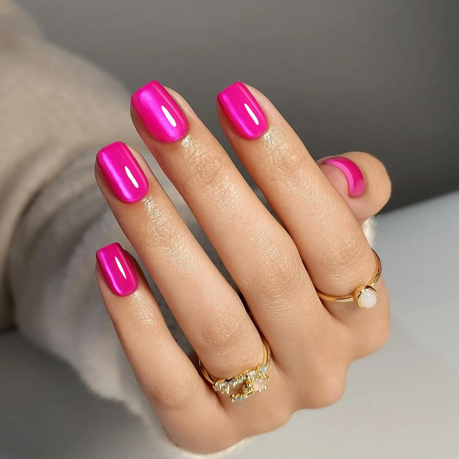Soft Gel Hot Pink Press on Nails Short - Cat Eye Press on Nails Square for Women Gift, Natural Fit & Glossy Stick on Nails with Glue in 16 Sizes - 32 Reusable Fake Nails, Hot Pink