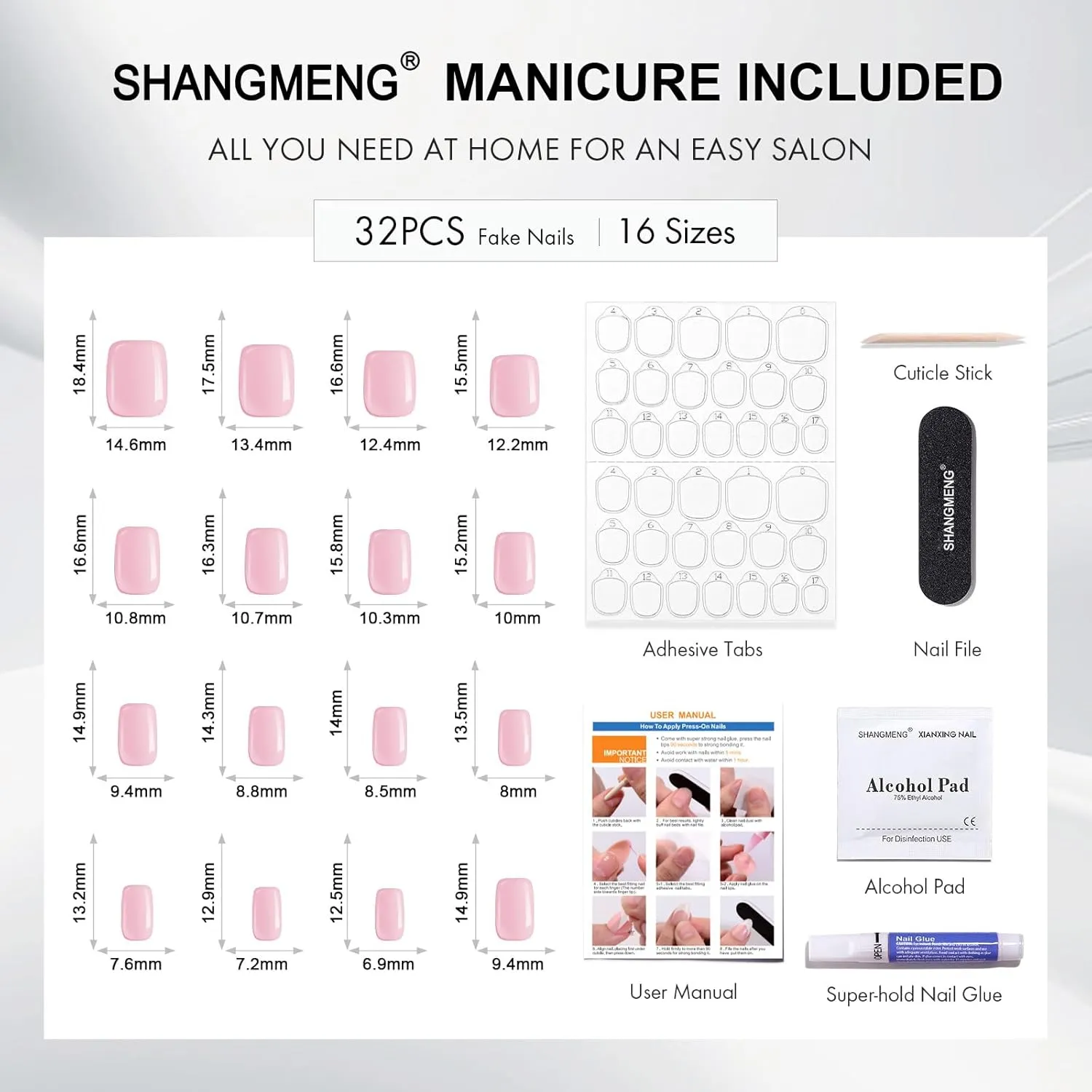 Soft Gel Hot Pink Press on Nails Short - Cat Eye Press on Nails Square for Women Gift, Natural Fit & Glossy Stick on Nails with Glue in 16 Sizes - 32 Reusable Fake Nails, Hot Pink
