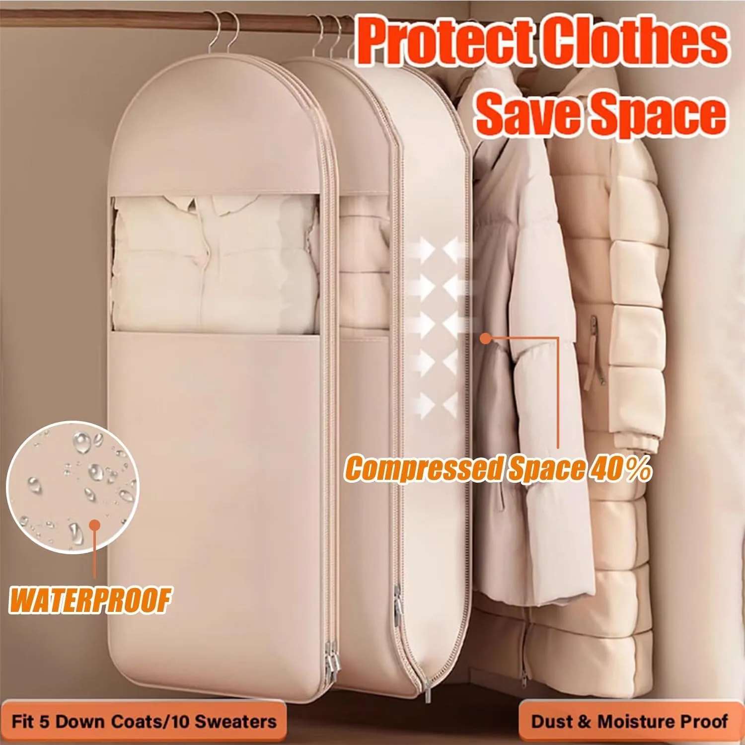 Space Saving Hanging Garment Bag with Self Compression Zipper, Space-Saving Dust-Proof Down Jacket Compression Storage Bag for Coats Blankets, Sweaters, Seasonal Clothes(Beige, XL)