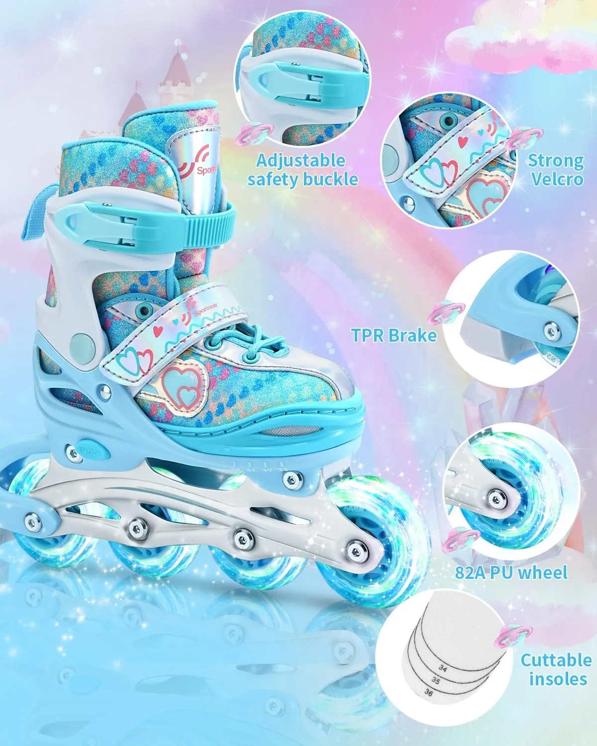 Sportneer 4 Size Adjustable Inline Skates for Girls, Kids Inline Skates Size 12C-9 with Light Up Wheels Roller Blade with Protective Gear Set for Kids Girls Women Beginners Indoor & Outdoor Use