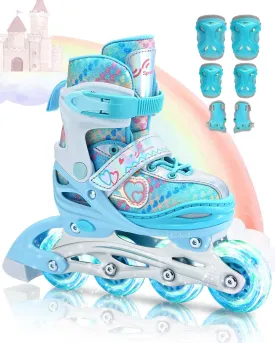 Sportneer 4 Size Adjustable Inline Skates for Girls, Kids Inline Skates Size 12C-9 with Light Up Wheels Roller Blade with Protective Gear Set for Kids Girls Women Beginners Indoor & Outdoor Use