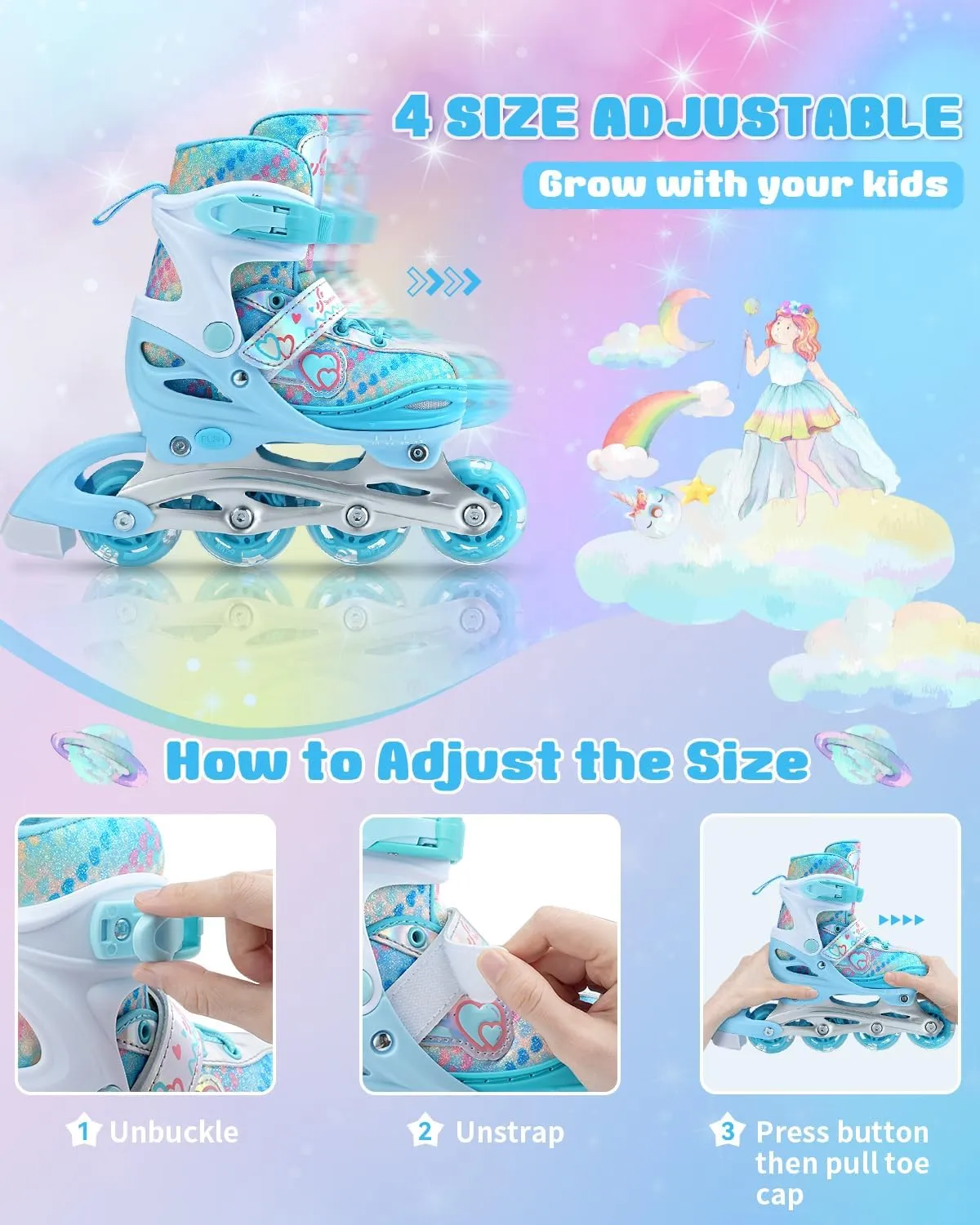 Sportneer 4 Size Adjustable Inline Skates for Girls, Kids Inline Skates Size 12C-9 with Light Up Wheels Roller Blade with Protective Gear Set for Kids Girls Women Beginners Indoor & Outdoor Use
