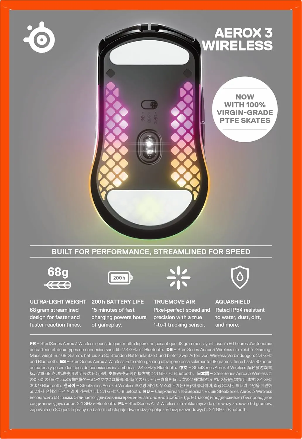 SteelSeries Aerox 3 Wireless - Holey RGB Gaming Mouse - Ultra-lightweight Water Resistant Design - 18K DPI TrueMove Air Optical Sensor- Onyx