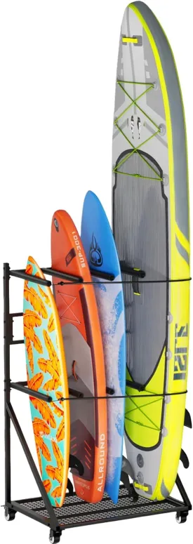 Surfboard Rack for 4 Boards,Heavy Duty Two-Tier Design Indoor Display Stand with Wheels for Shortboard and Longboard Organizer,Vertical Storage Paddleboard Wakeboard Holder/Metal
