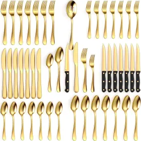 Tribal Cooking 49 Piece Gold Silverware Set - Service for 8 - Stainless Steel Gold Flatware serving set - Cutlery Set - Knives, Fork, and Spoon - Dishwasher Safe - Stunning Polished Finish