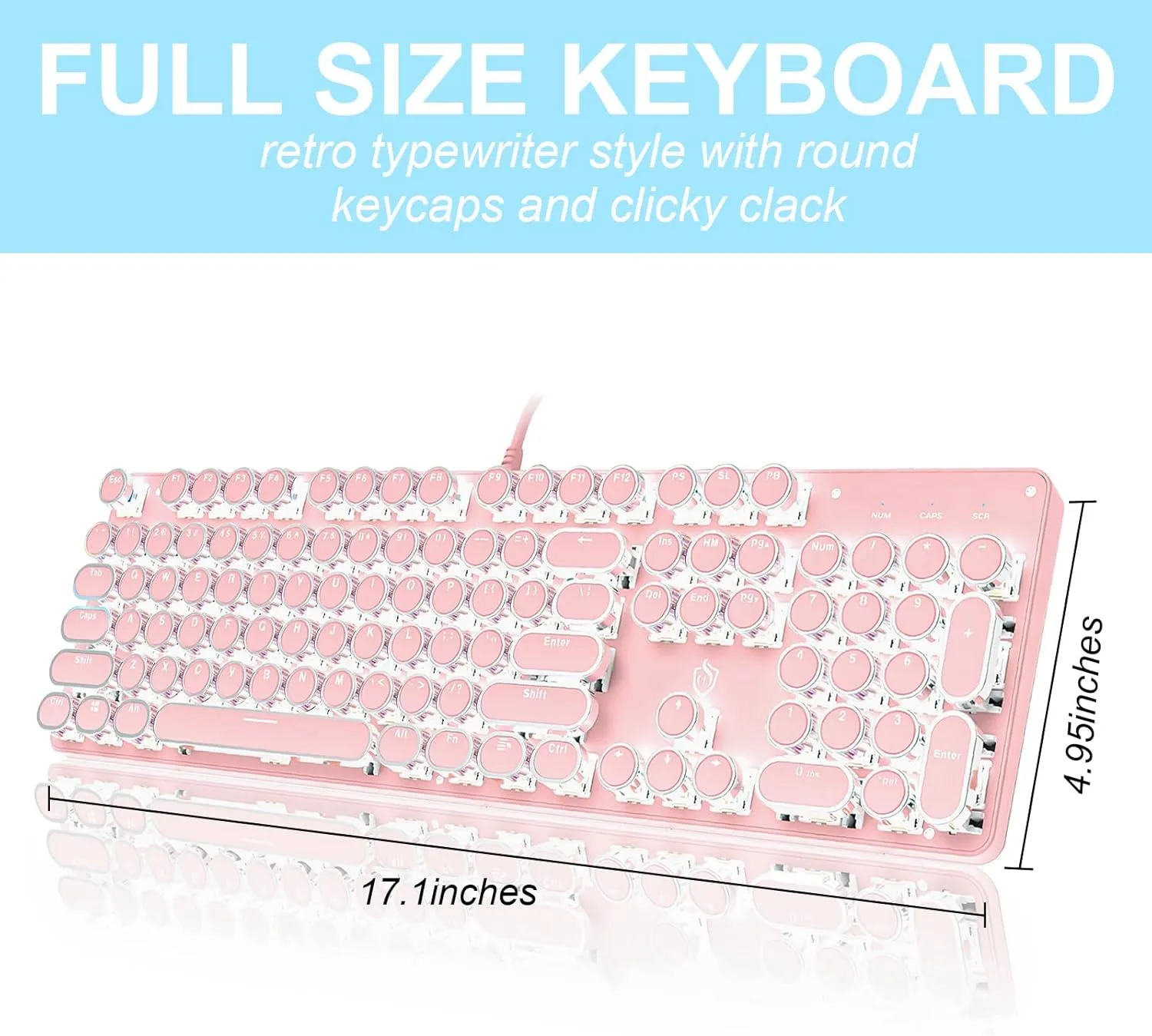 Typewriter Style Mechanical Gaming Keyboard LED Backlit Wired with Blue Switch Retro Round Keycap 104 Keys Keyboard (Pink 104Keys LED)