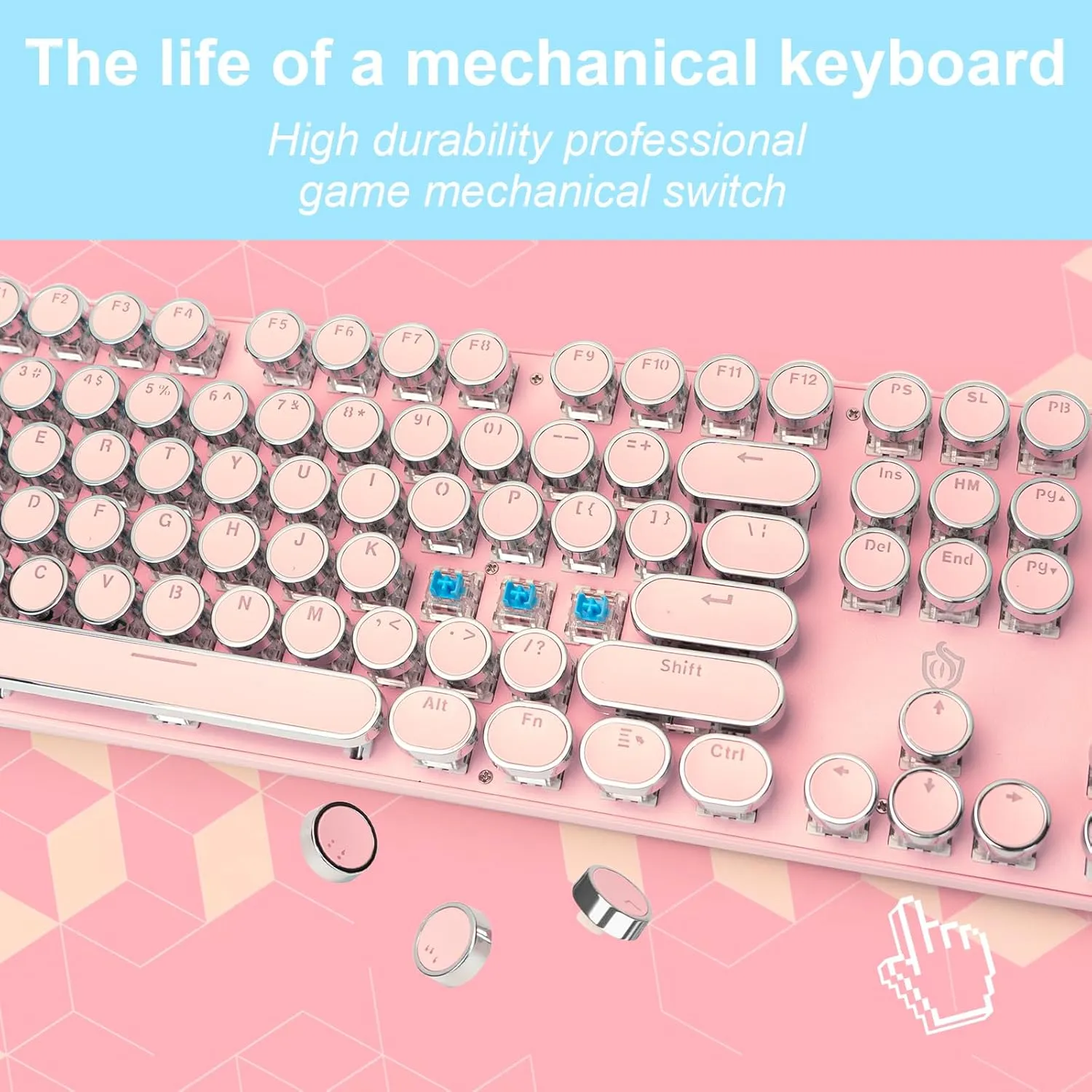 Typewriter Style Mechanical Gaming Keyboard LED Backlit Wired with Blue Switch Retro Round Keycap 104 Keys Keyboard (Pink 104Keys LED)