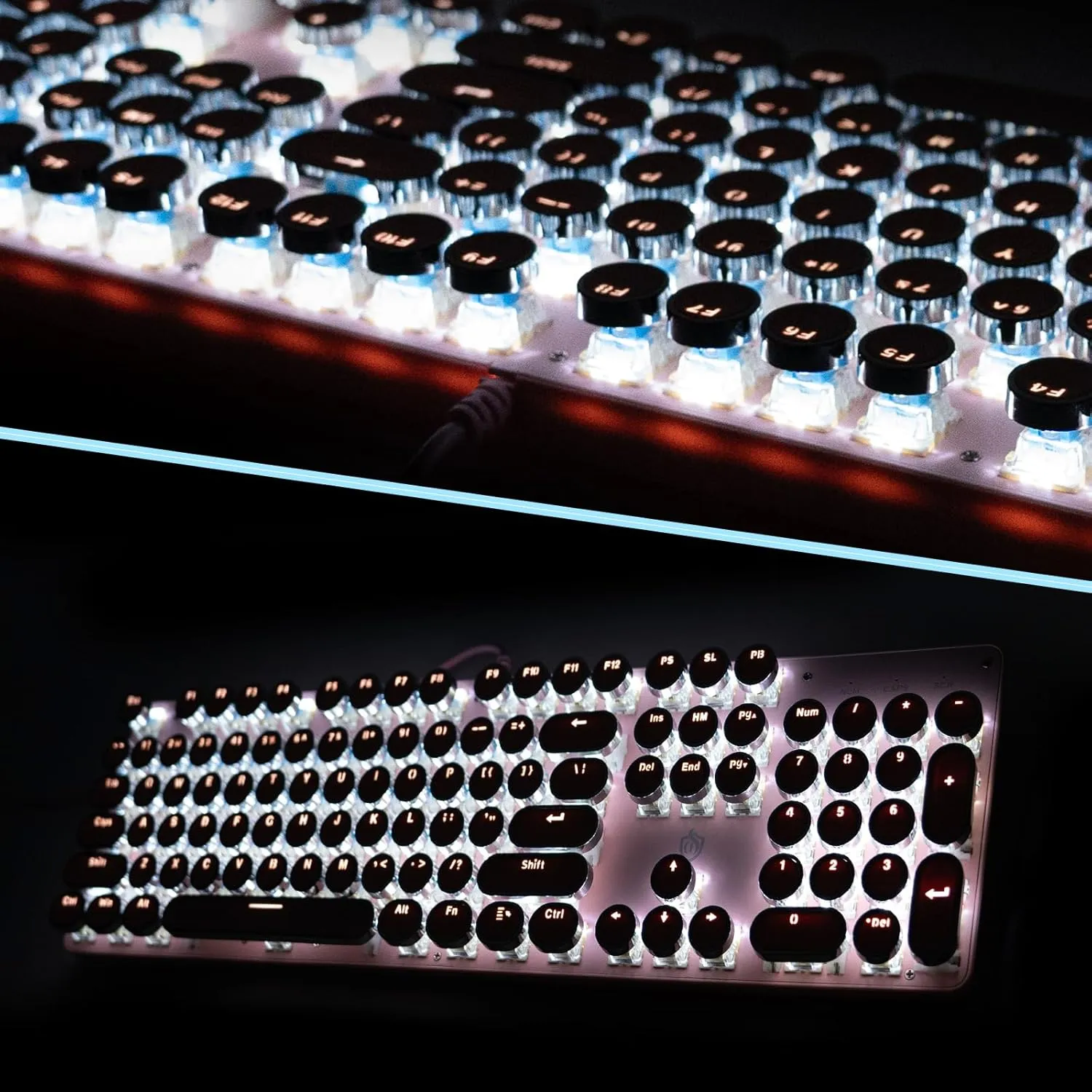 Typewriter Style Mechanical Gaming Keyboard LED Backlit Wired with Blue Switch Retro Round Keycap 104 Keys Keyboard (Pink 104Keys LED)
