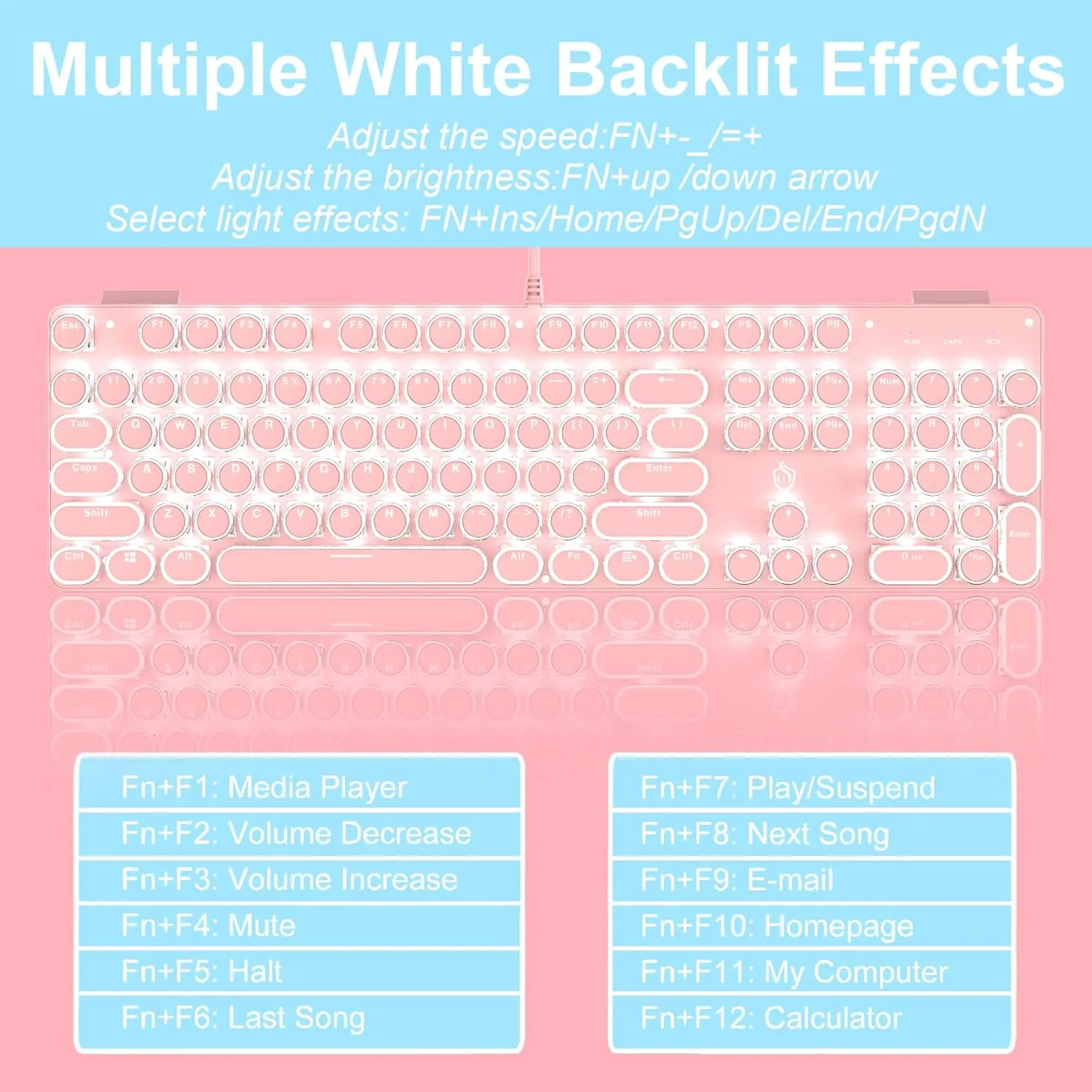 Typewriter Style Mechanical Gaming Keyboard LED Backlit Wired with Blue Switch Retro Round Keycap 104 Keys Keyboard (Pink 104Keys LED)