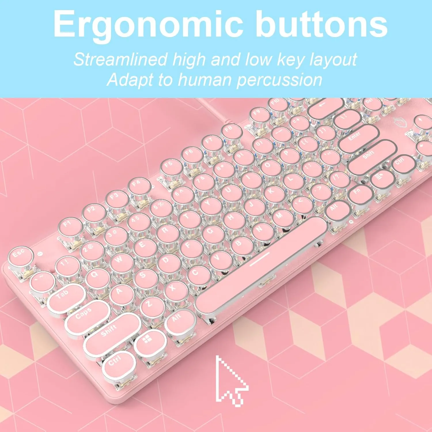 Typewriter Style Mechanical Gaming Keyboard LED Backlit Wired with Blue Switch Retro Round Keycap 104 Keys Keyboard (Pink 104Keys LED)