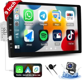 UNITOPSCI 9 Inch Single Din Touch Screen Car Stereo with Apple CarPlay Android Auto Bluetooth Car Radio with Backup Camera, FM/AM Radio Mirror Link USB EQ SWC Mic Audio Receiver
