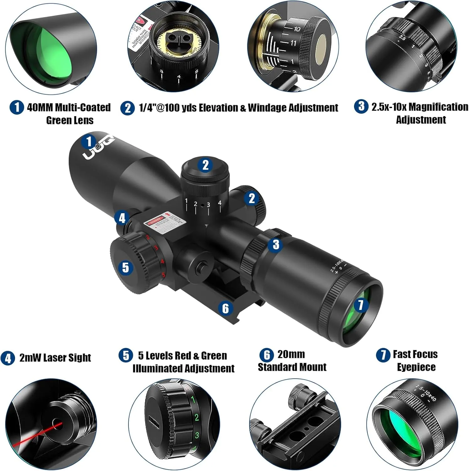 UUQ 2.5-10x40 Rifle Scope with Red/Green Illuminated Mil-dot with Red/Green Laser Combo-Green Lens Color,Tactical Scope for Gun Air Hunting,Free 20/11mm Mounts