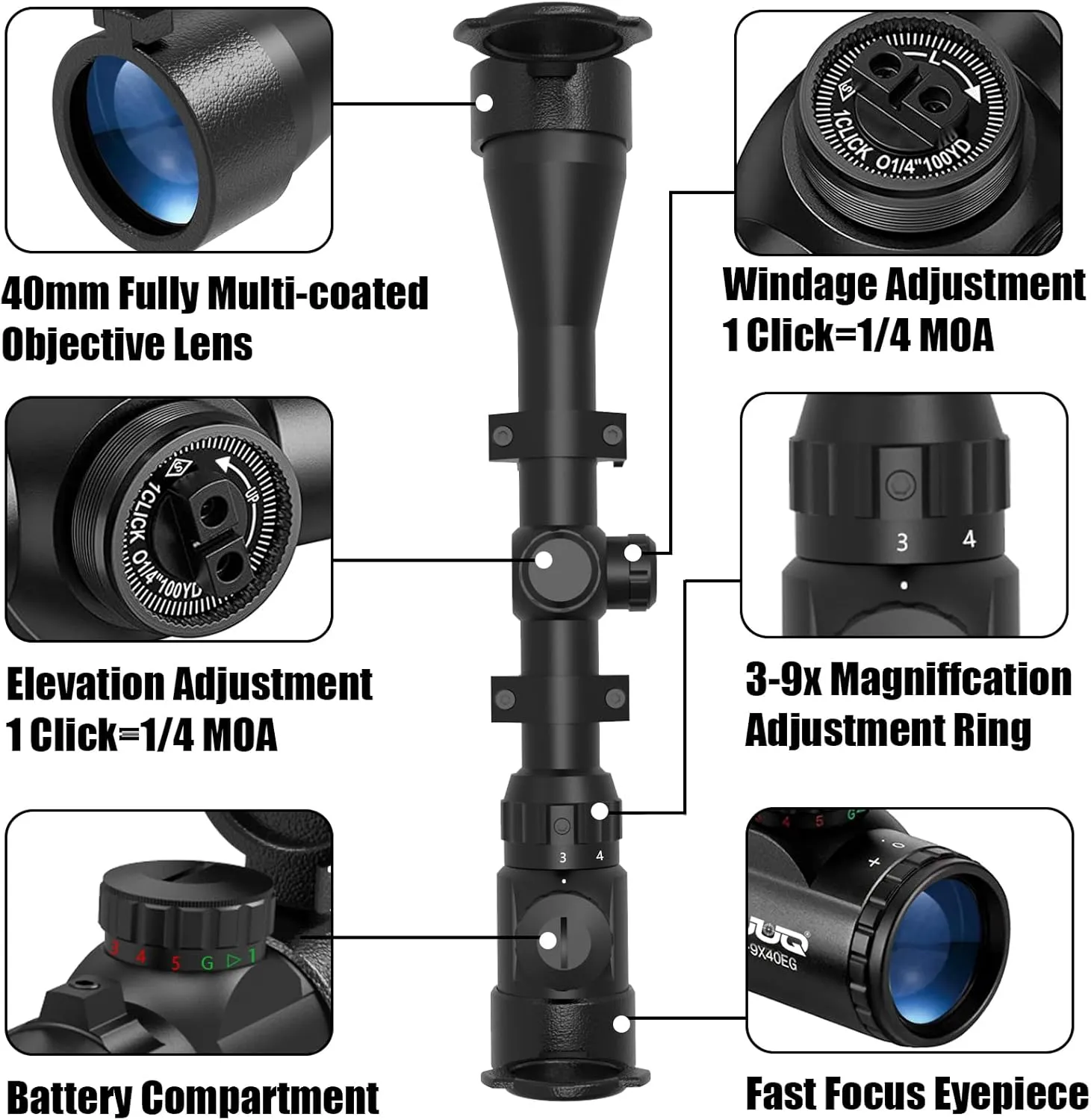 UUQ 3-940 Rifle Scope with Red/Green Illumination and Rangefinder Reticle-Fits 20mm Free Mounts,Waterproof and Fog-Proof