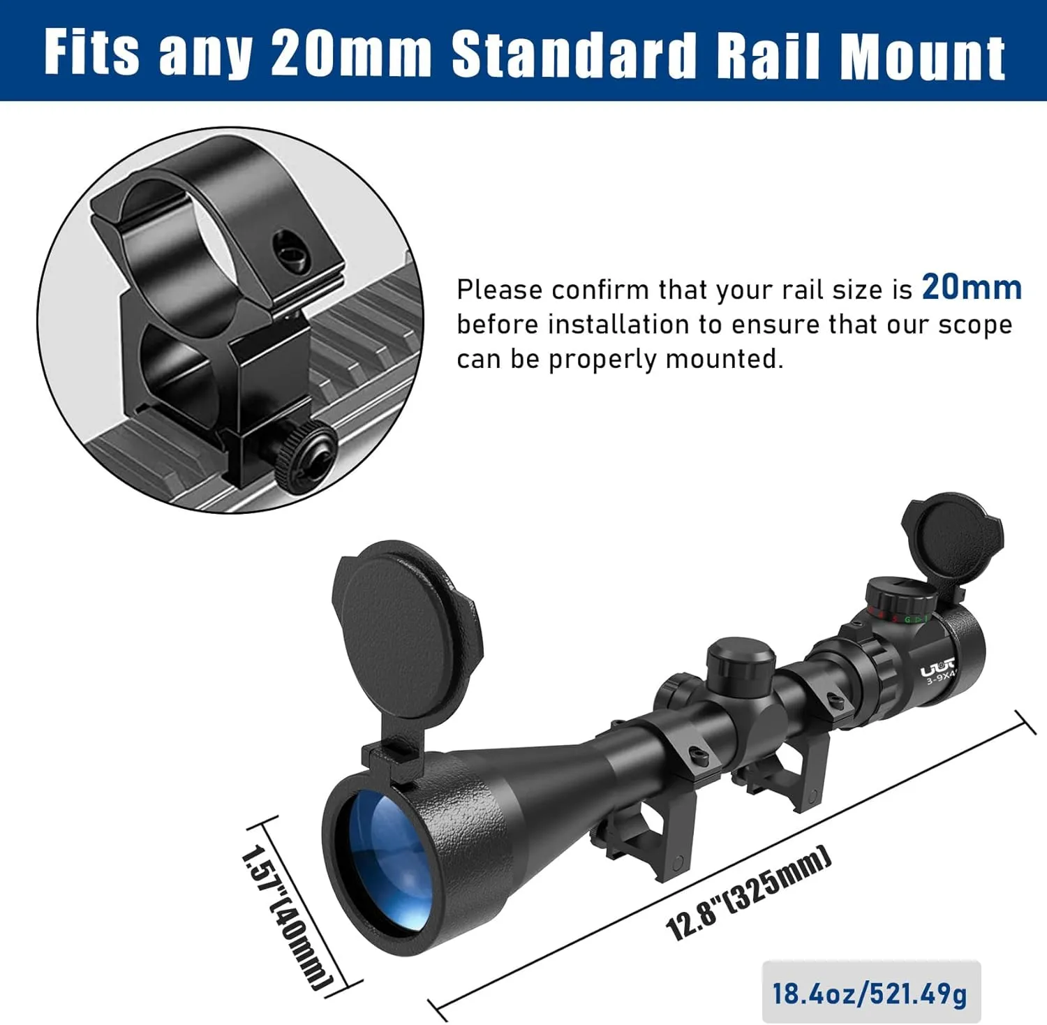 UUQ 3-940 Rifle Scope with Red/Green Illumination and Rangefinder Reticle-Fits 20mm Free Mounts,Waterproof and Fog-Proof
