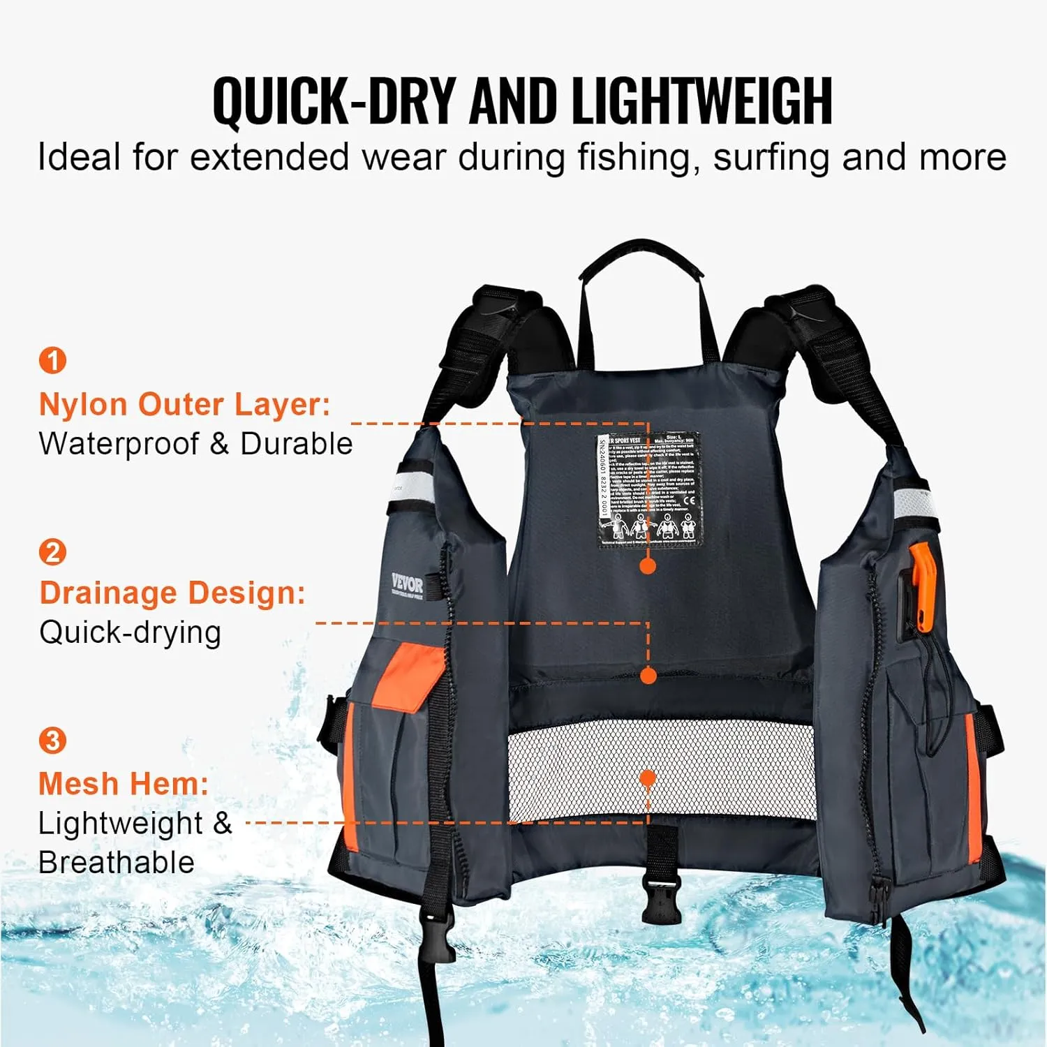 VEVOR Life Vest for Watersports (PFD), Life Jacket with Waterproof Nylon & 80N Buoyancy, Life Vest/Jacket for Any Water Activity-Fishing, Kayaking, Surfing and More, Men and Women