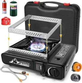 WADEO Three Fuel Stove, 3 in 1 Portable Camping Stove with 1M Stainless Steel Extension Hose, 1LB Propane Tank Adapter and Butane Adapter, Portable Gas Stove for Outdoor Cooking, BBQ, Travel RV