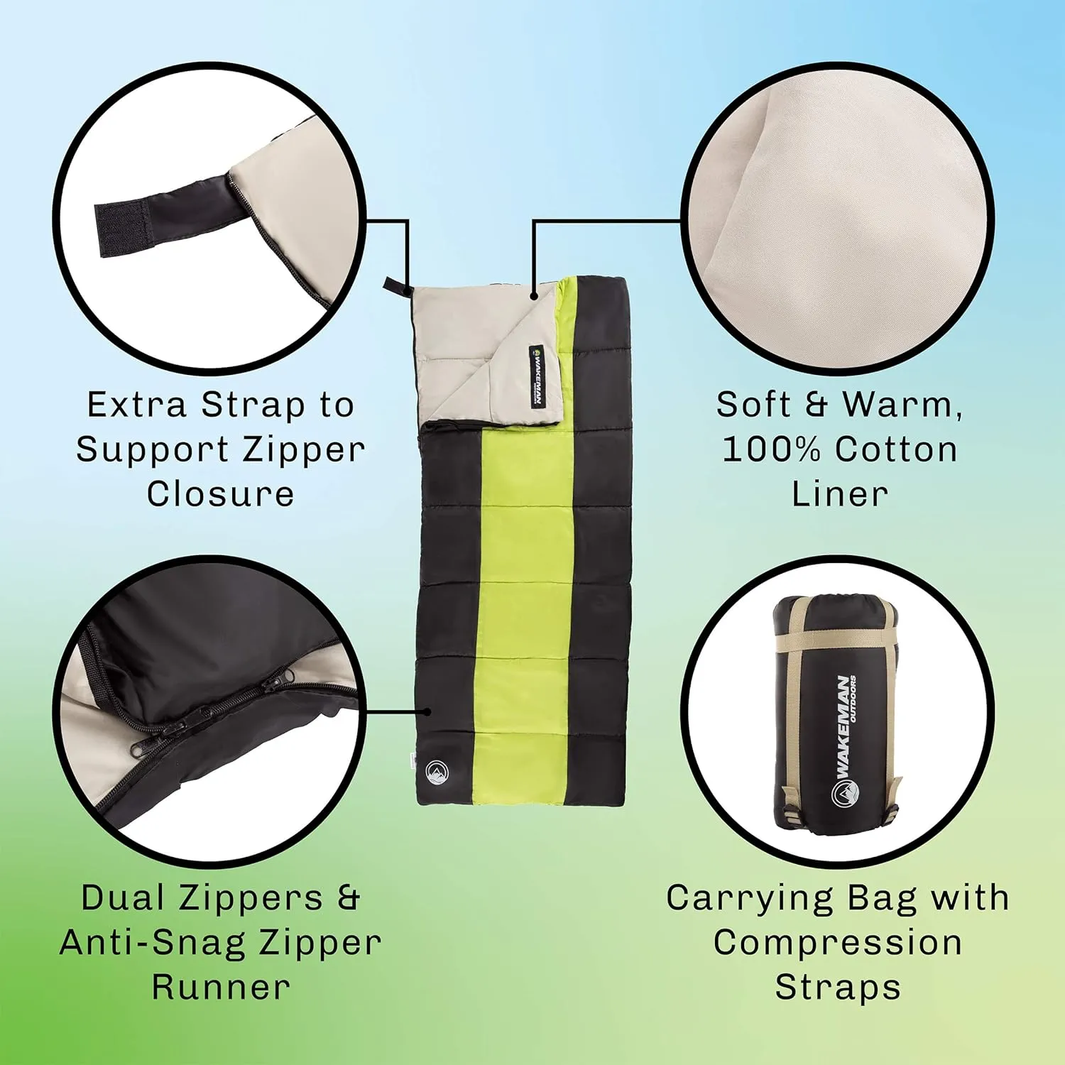 Wakeman Lightweight Sleeping Bag - Carrying Bag with Compression Straps Included
