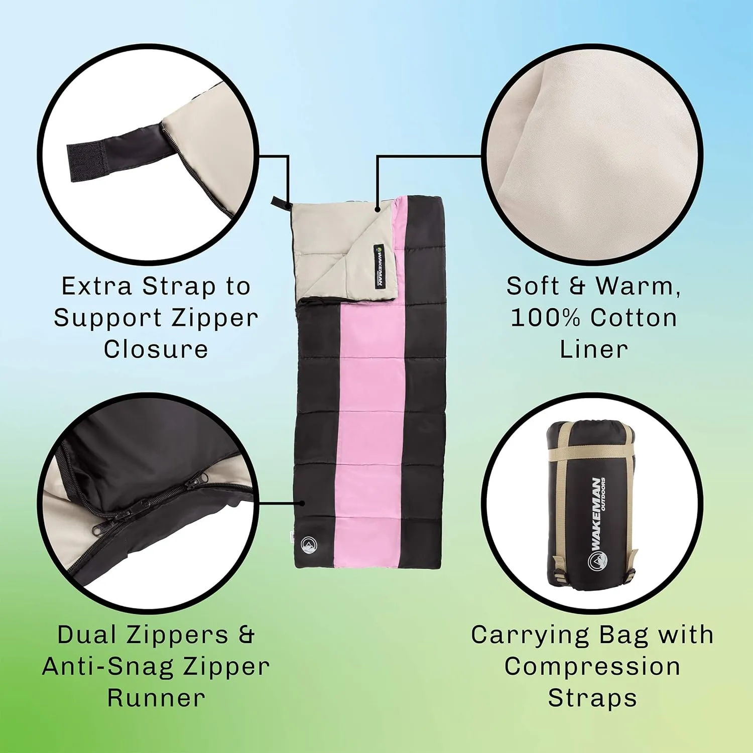 Wakeman Lightweight Sleeping Bag - Carrying Bag with Compression Straps Included