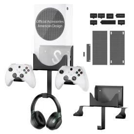 Wall Mount Kit with Detachable 2 Controller Holder & 1 Headphone Hanger & Dust Plugs Net Kits, Metal Wall Mount Stand Compatible with Xbox Series S, Black