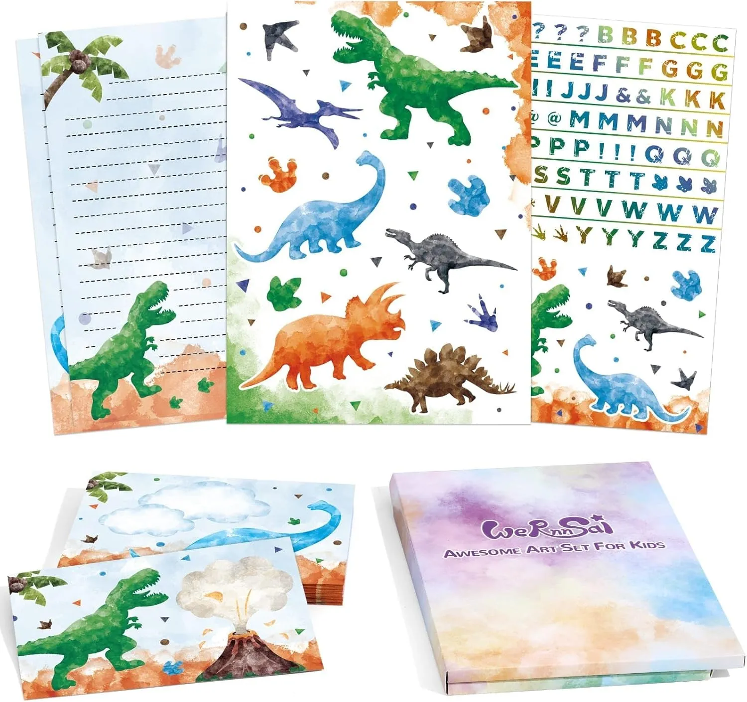 Wernnsai Kids Dinosaur Stationery Set - 72 PCS Boys Letter Writing Kit with Envelopes