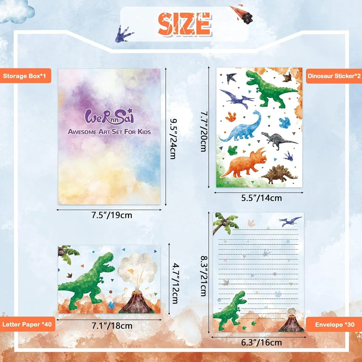Wernnsai Kids Dinosaur Stationery Set - 72 PCS Boys Letter Writing Kit with Envelopes