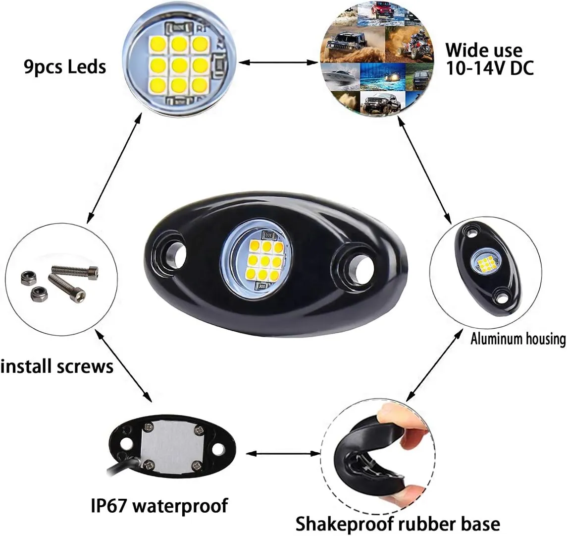 White LED Rock Lights, 4 Pods Neon 12V Waterproof Underglow Underbody Kit Crawler Crawling Dome Exterior Wheel Lights for ATV RZR UTV SUV Off-Road Auto Boat Motorcycle Glow Trail Rig Fender Lamp