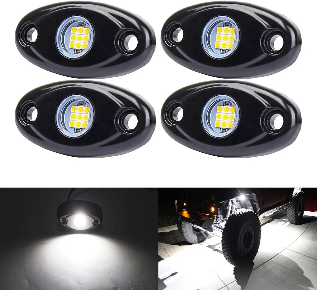 White LED Rock Lights, 4 Pods Neon 12V Waterproof Underglow Underbody Kit Crawler Crawling Dome Exterior Wheel Lights for ATV RZR UTV SUV Off-Road Auto Boat Motorcycle Glow Trail Rig Fender Lamp