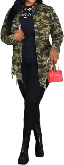 Women's Camo Button Boyfriend Jackets with Pockets Distressed Army Fatigue Casual Long Sleeve Ripped Coat Outerwear