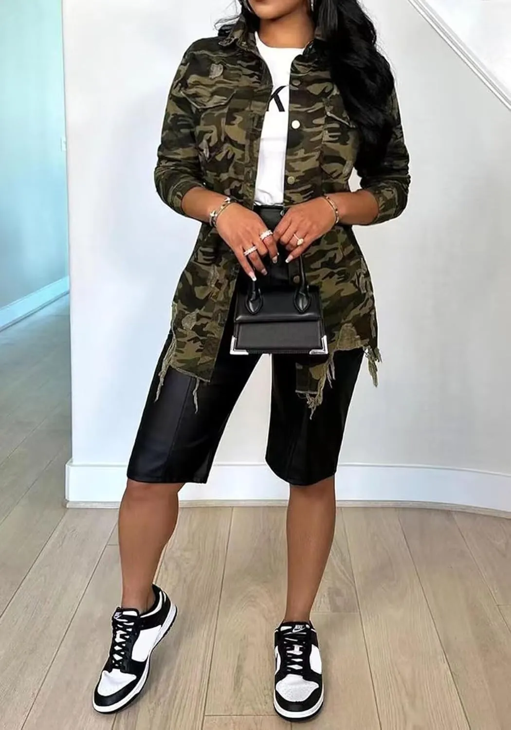 Women's Camo Button Boyfriend Jackets with Pockets Distressed Army Fatigue Casual Long Sleeve Ripped Coat Outerwear