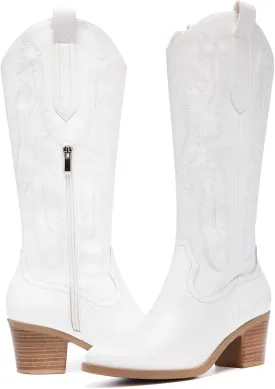 Women's Cowboy Boots Knee High with Side Zipper Wide Calf Cowgirl Boots Comfortable Western Classic Embroidered Pointy Toe Fashion Retro Classic Pull On Tall Boot Fall Winter