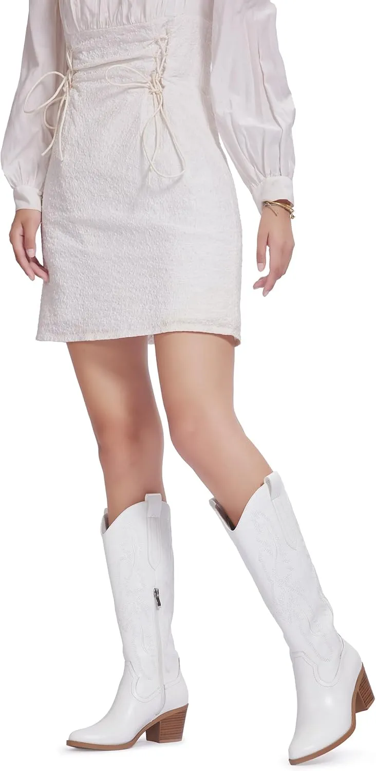 Women's Cowboy Boots Knee High with Side Zipper Wide Calf Cowgirl Boots Comfortable Western Classic Embroidered Pointy Toe Fashion Retro Classic Pull On Tall Boot Fall Winter