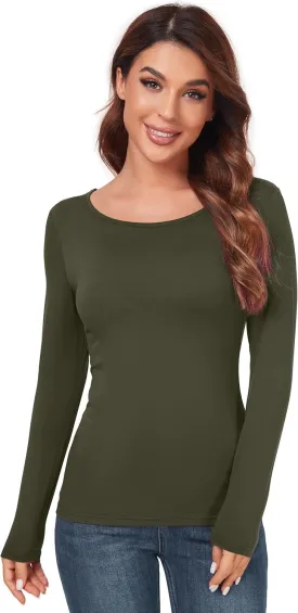 Women's Scoop Neck Tops Long Sleeve Slim Fit T Shirt Thermal Blouse Basic Layer Shirts