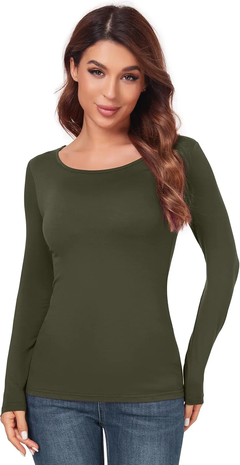 Women's Scoop Neck Tops Long Sleeve Slim Fit T Shirt Thermal Blouse Basic Layer Shirts