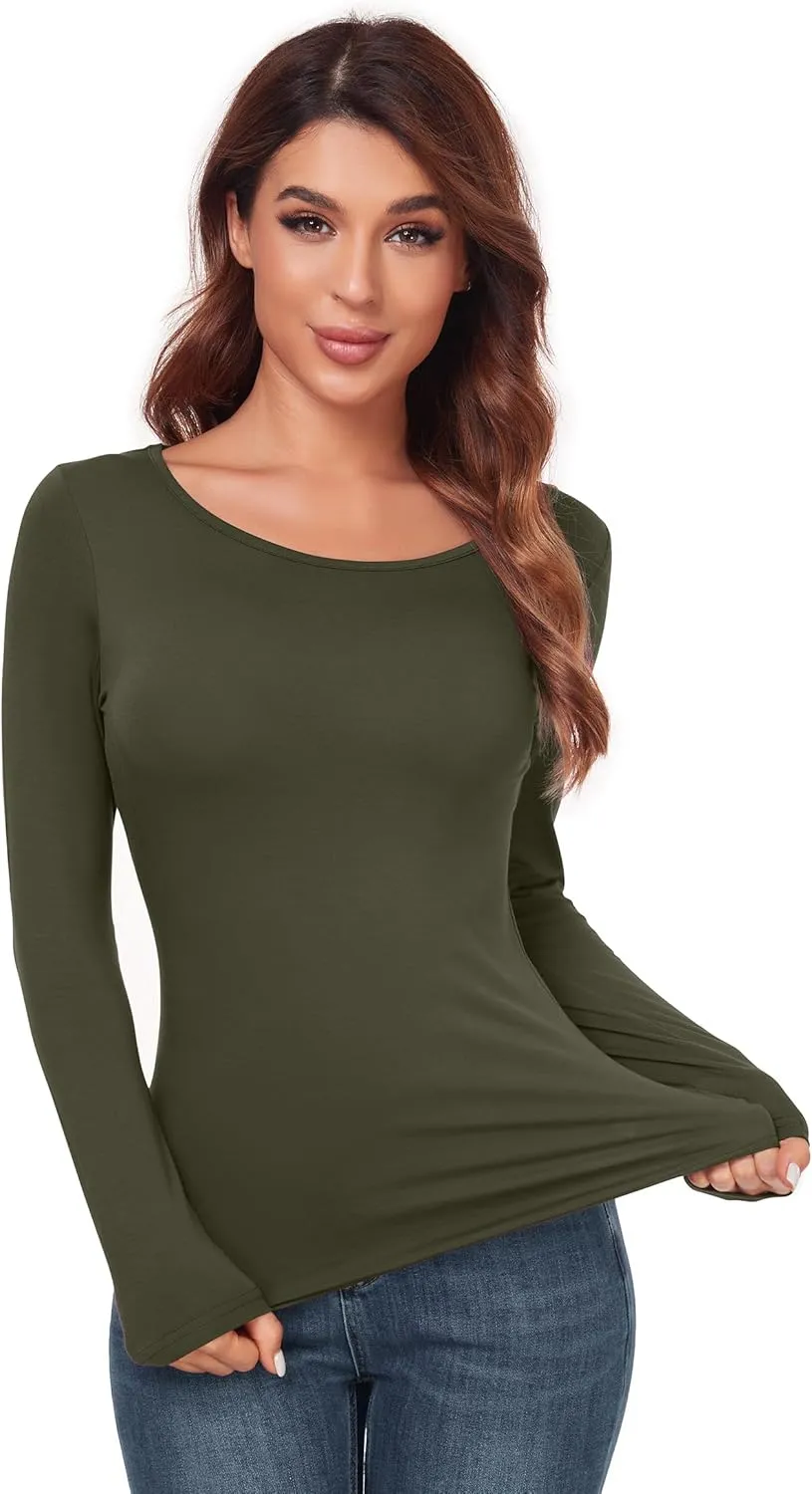 Women's Scoop Neck Tops Long Sleeve Slim Fit T Shirt Thermal Blouse Basic Layer Shirts