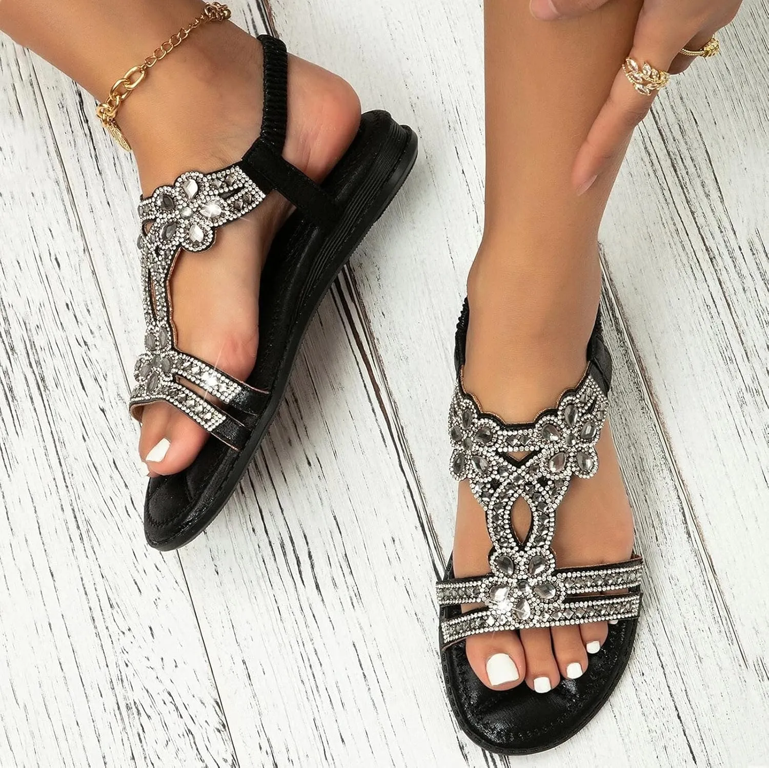 Womens Wedge Sandals Rhinestone Open Toe Slingback Sandals with Elastic Ankle Strap Orthotic Bohemian Beach Shoes