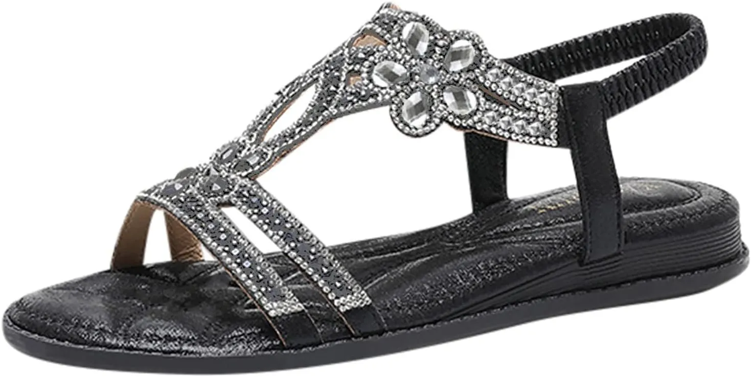 Womens Wedge Sandals Rhinestone Open Toe Slingback Sandals with Elastic Ankle Strap Orthotic Bohemian Beach Shoes