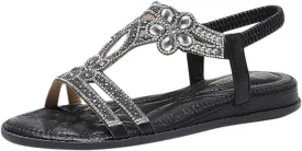 Womens Wedge Sandals Rhinestone Open Toe Slingback Sandals with Elastic Ankle Strap Orthotic Bohemian Beach Shoes