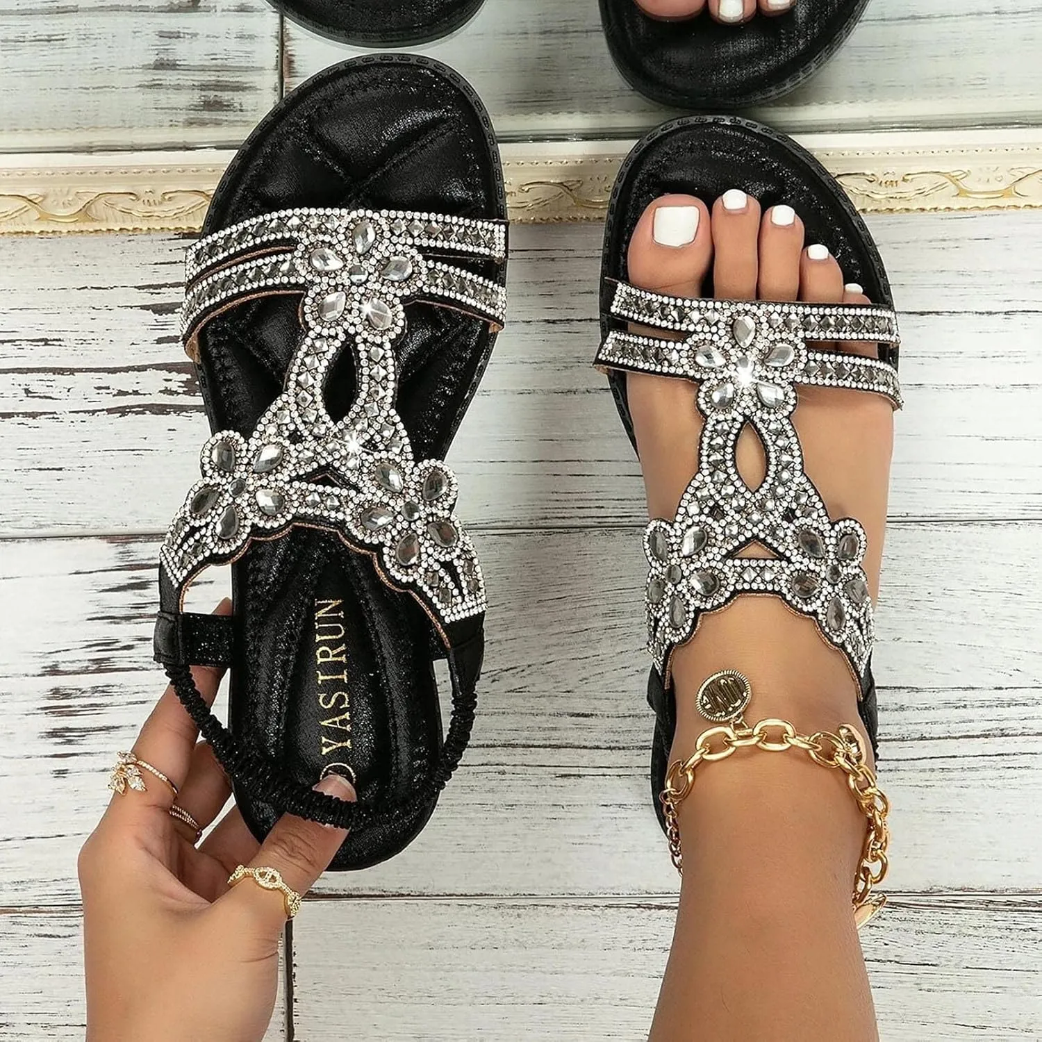 Womens Wedge Sandals Rhinestone Open Toe Slingback Sandals with Elastic Ankle Strap Orthotic Bohemian Beach Shoes